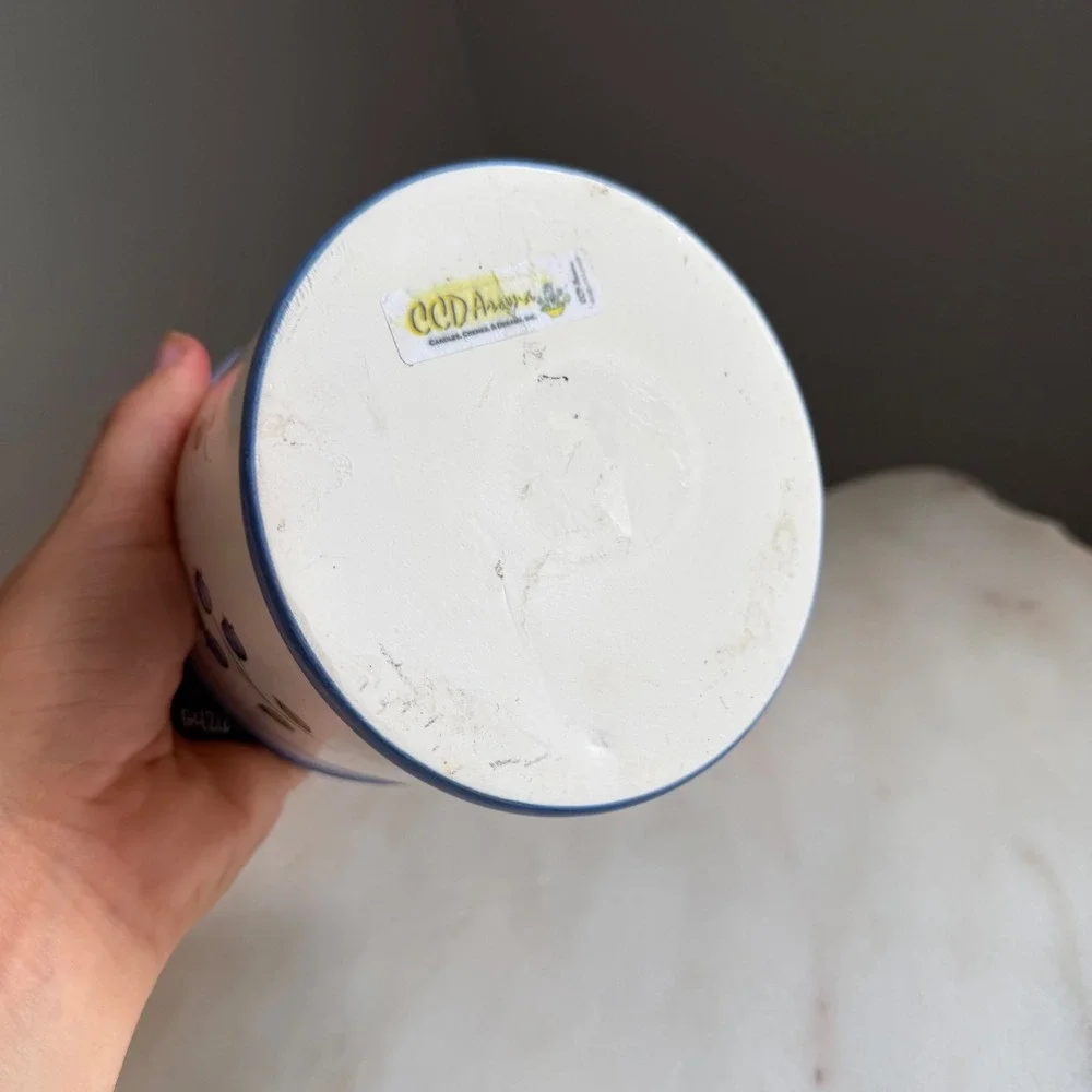Ceramic Blueberry Crock Hand Painted Blue White Planter Jar 4.75in Cottagecore
